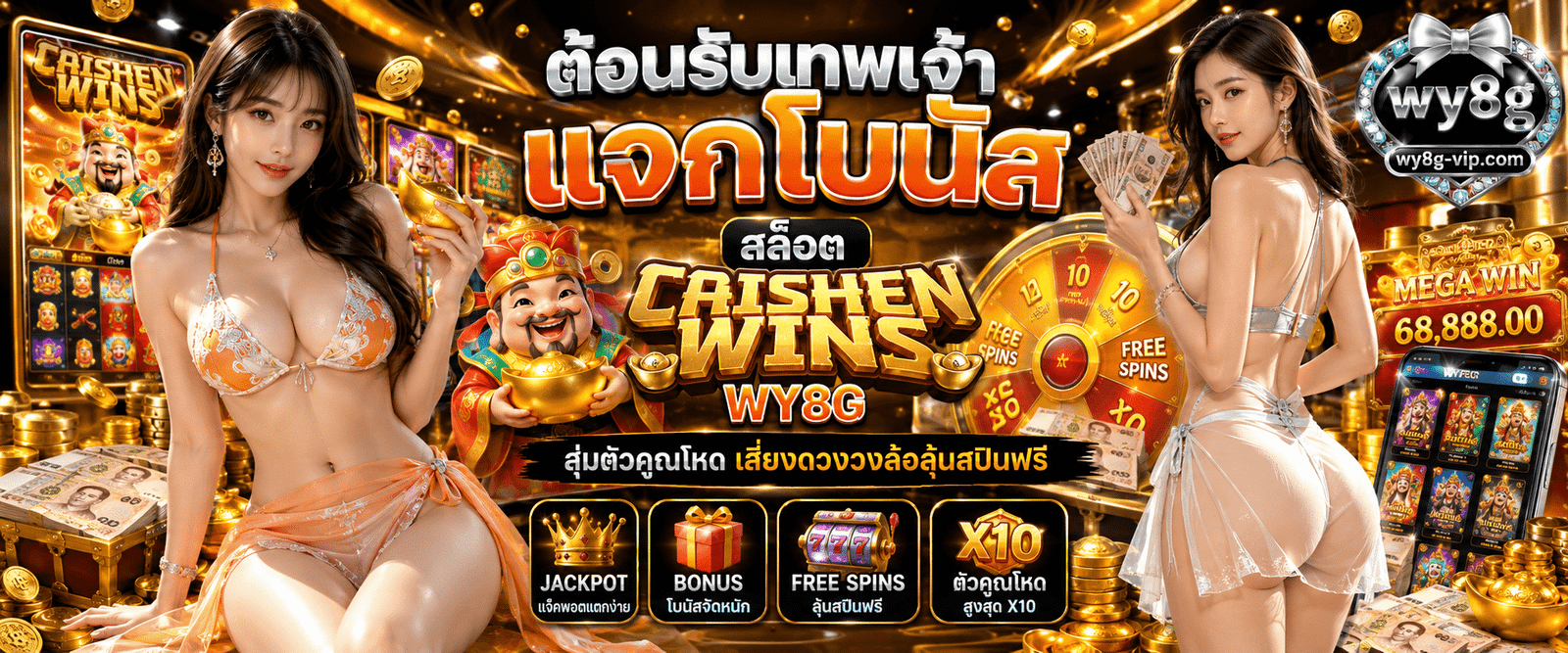 ต้อนรับเทพเจ้าแจกโบนัส สล็อต Caishen Wins WY8G สุ่มตัวคูณโหด เสี่ยงดวงวงล้อลุ้นสปินฟรี